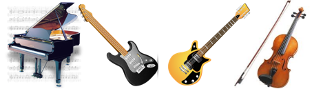 Musical Instruments representing the inheritance chain; the instruments are a piano, an electric bass guitar, an electric guitar and a violin with bow.